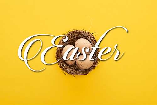top view of chicken eggs in nest on colorful yellow background with Easter illustration