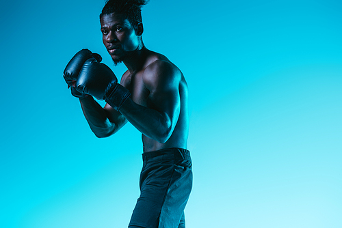 shirtless, muscular african american sportsman boxing on blue background
