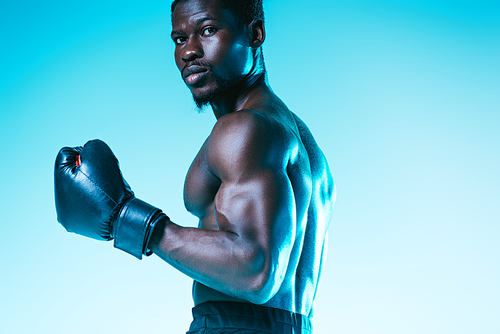 serious african american boxer with muscular torso  on blue background