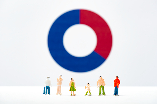 Selective focus of row of people figures on white surface with diagram at background, concept of inequality