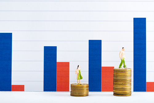 People figures on coins on white surface with charts at background, concept of financial equality