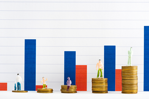 People figures on coins on white surface with graphs at background, concept of financial equality