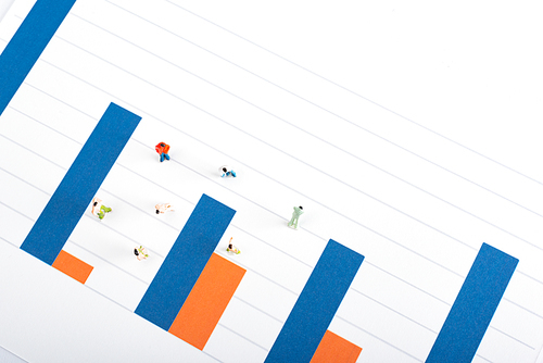 Top view of people figures on surface of blue and red graphs isolated on white, equality concept