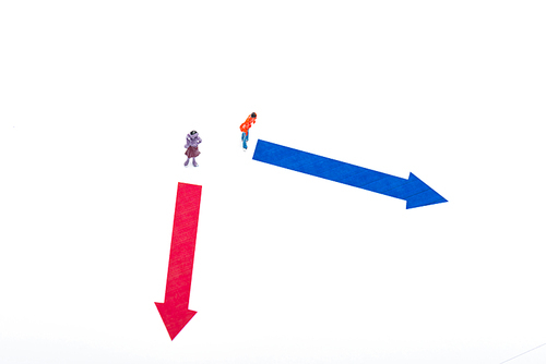 Top view of two people figures near arrows on white background, concept of equality