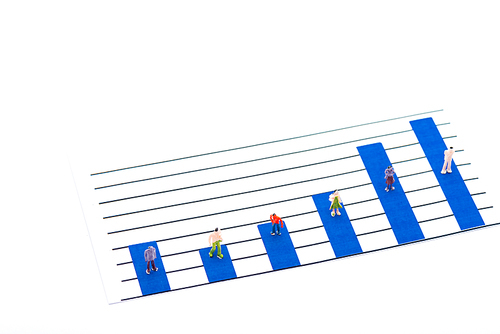 High angle view of people figures on surface of blue graphs isolated on white, concept of equality