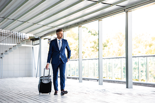 handsome and confident businessman in formal wear holding suitcase
