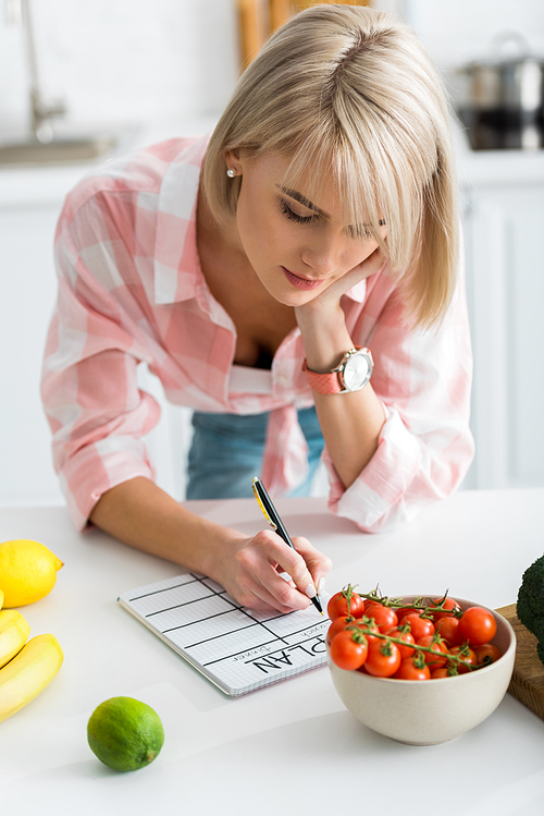 attractive blonde woman writing in notebook with plan lettering near ingredients in kitchen