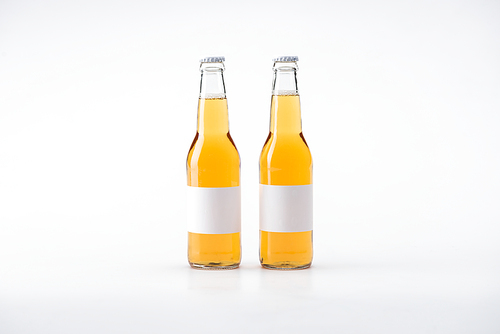 two bottles of beer with white blank labels on white background