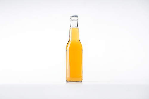 glass bottle of beer on white background with copy space