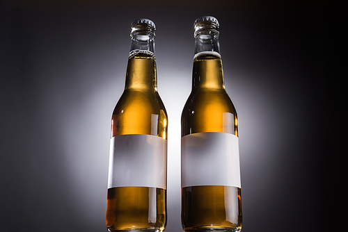 low angle view of two glass bottles with beer and labels on dark background with back light