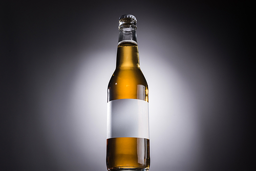 low angle view of glass bottle with beer and white label on dark background with back light