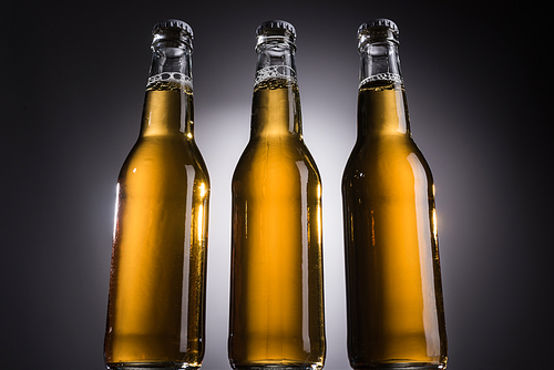 low angle view of glass bottles with beer on dark background with back light