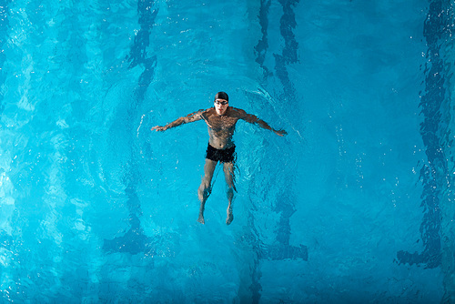 top view of muscular swimmer training in swimming pool