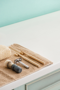 Hygiene objects on towel in bathroom, zero waste concept