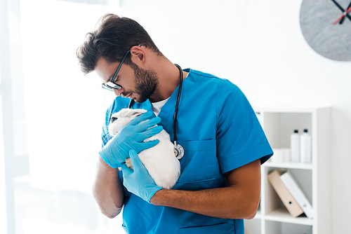 young, handsome veterinarian holding cute white rabbit on hands