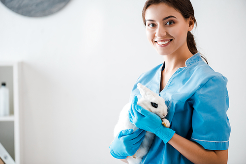 pretty, smiling veterinarian  while holding cute white rabbit on hands