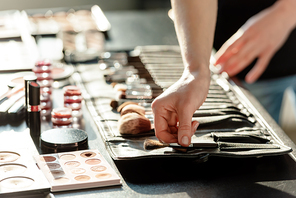 cropped view of makeup artist touching cosmetic brush