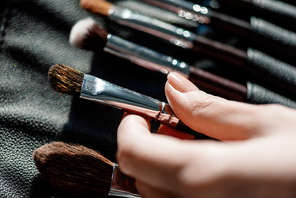 cropped view of makeup artist taking cosmetic brush