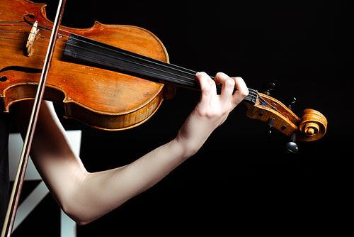 cropped view of female musician playing on violin isolated on black