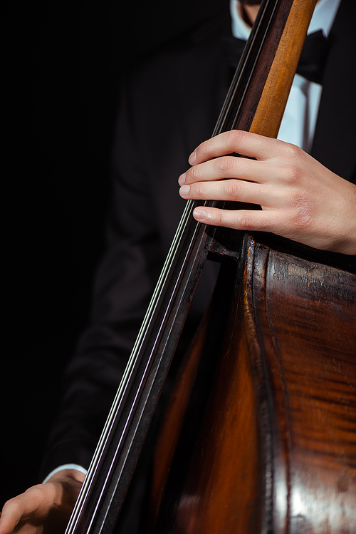cropped view of male musician playing on contrabass isolated on black