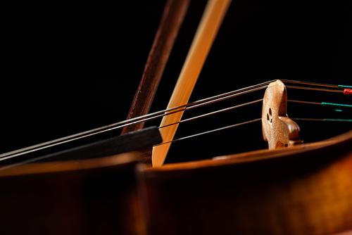 close up of violin and bow isolated on black