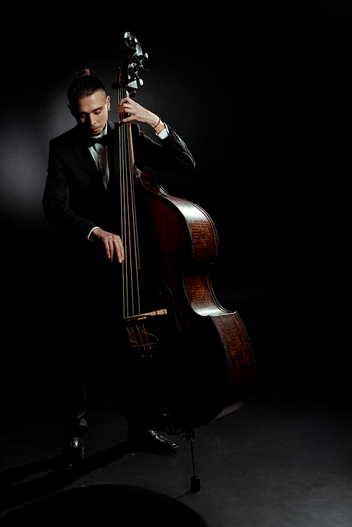professional male musician playing on contrabass on dark stage