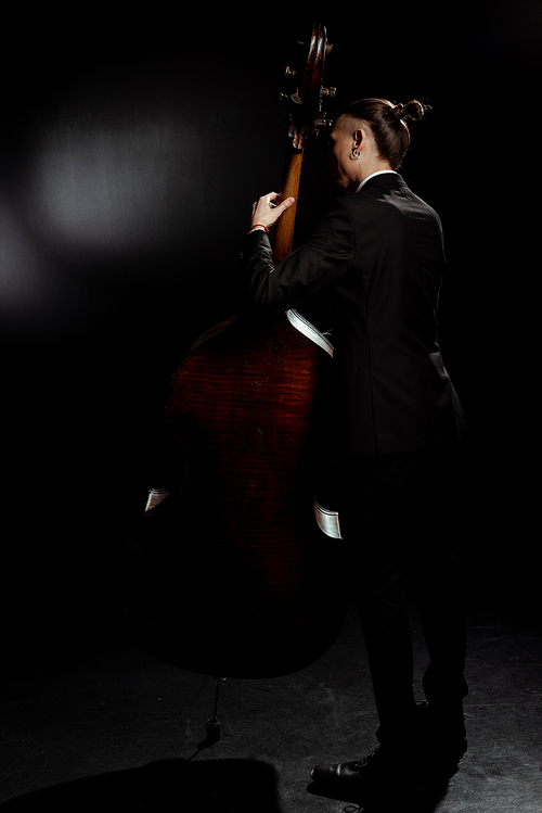 back view of professional musician playing on contrabass on dark stage