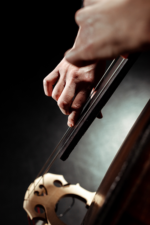 cropped view of professional musician playing on contrabass on dark stage