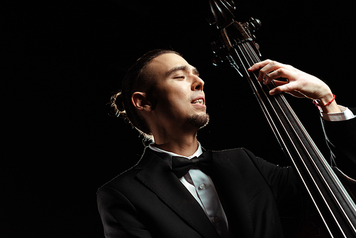 handsome male musician playing on contrabass isolated on black