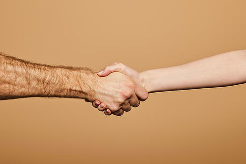 cropped view of man and woman shaking hands isolated on beige