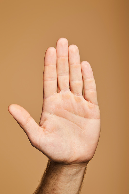 cropped view of man showing palm isolated on beige