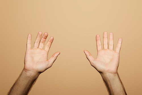 cropped view of man showing palms isolated on beige