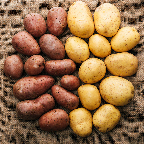 top view of organic raw potatoes arranged in circle on brown rustic sackcloth