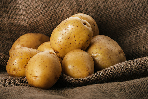 organic raw potatoes on brown sackcloth