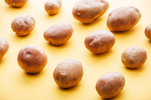 pattern of raw whole fresh potatoes on yellow background