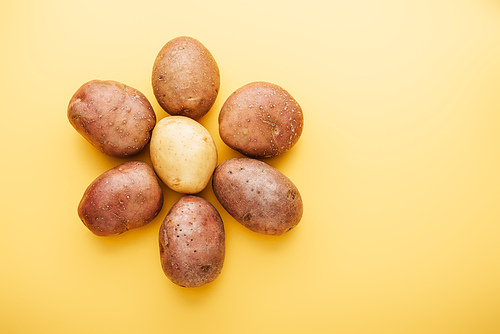 top view of raw whole fresh potatoes arranged in flower on yellow background