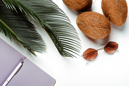 top view of green palm leaves, sunglasses, coconuts and notepad on white background