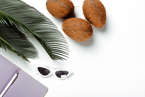 top view of green palm leaves, sunglasses, coconuts and notepad on white background