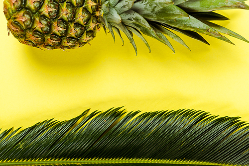 top view of green palm leaf and ripe pineapple on yellow background