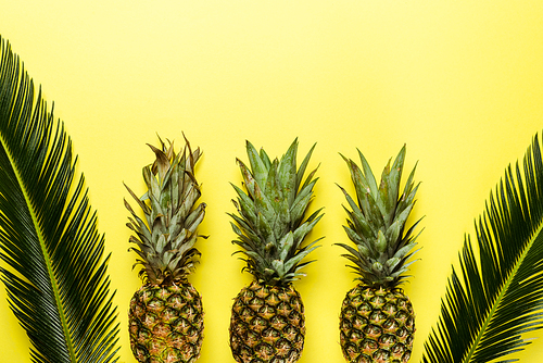 top view of green palm leaves and ripe pineapples on yellow background