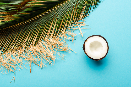 top view of green palm leaf, coconut half, straw hat on blue background