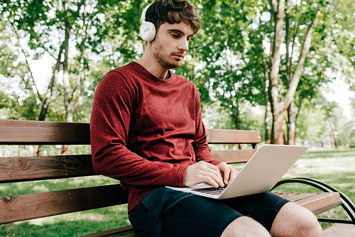 Handsome freelancer in headphones using laptop on bench in park