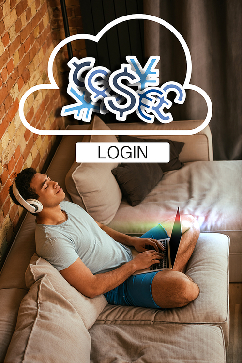 young mixed race man with closed eyes chilling and listening music in headphones near laptop and virtual cloud with money signs and login lettering