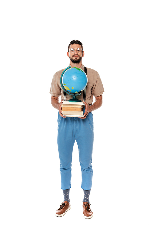 Handsome nerd holding books and globe and  on white background