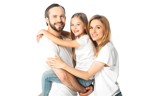 happy family in white t-shirts hugging isolated on white