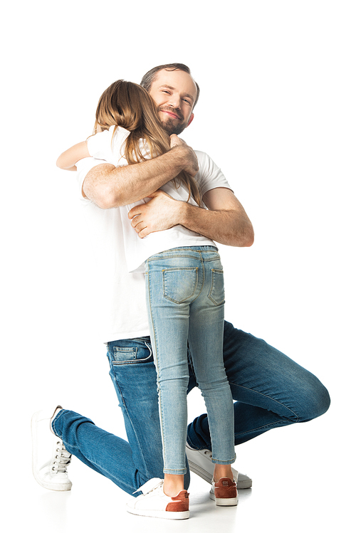 happy father hugging daughter isolated on white