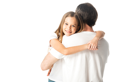 happy daughter embracing father isolated on white