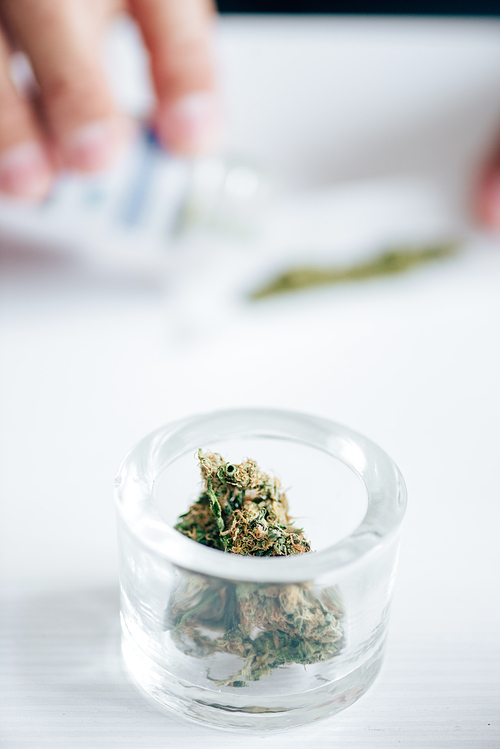 selective focus of medical marijuana buds on table in apartment