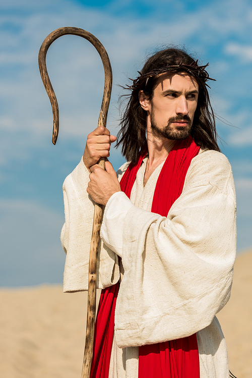 bearded man holding wooden cane against blue sky in desert