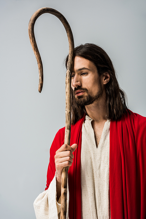 handsome bearded man holding wooden cane isolated on grey